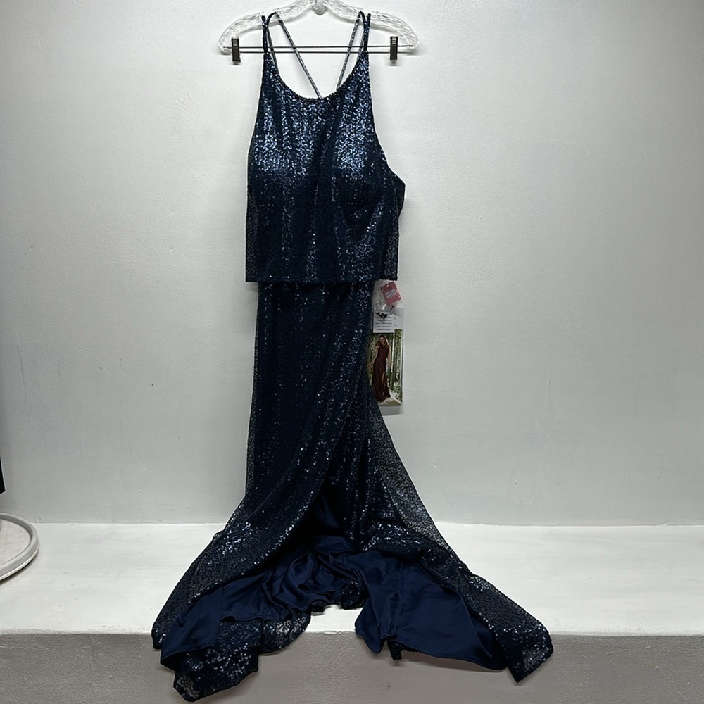 Sparkling Navy Sequin Prom Gown with Strappy Back